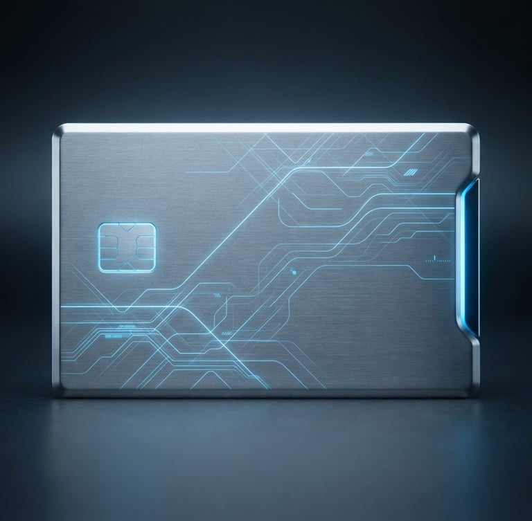 Macro shot of a sleek physical metal debit card, electric blue accents, cool studio lighting, minimalist modern aesthetic, front-on view, 35mm