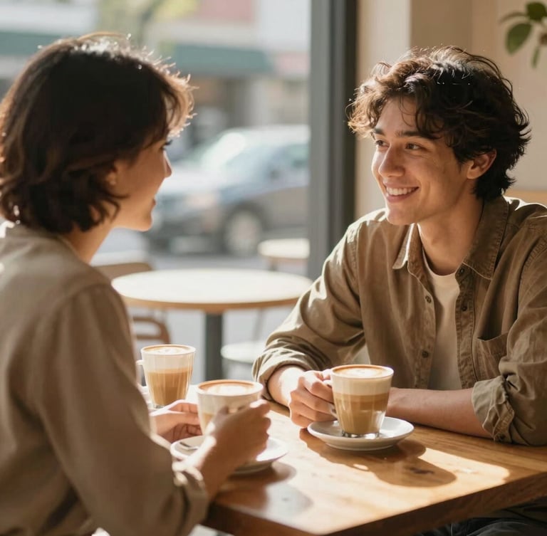 Candid environmental portrait of two people talking warmly over coffee in a bright Ohio cafe, soft natural light, shallow depth of field