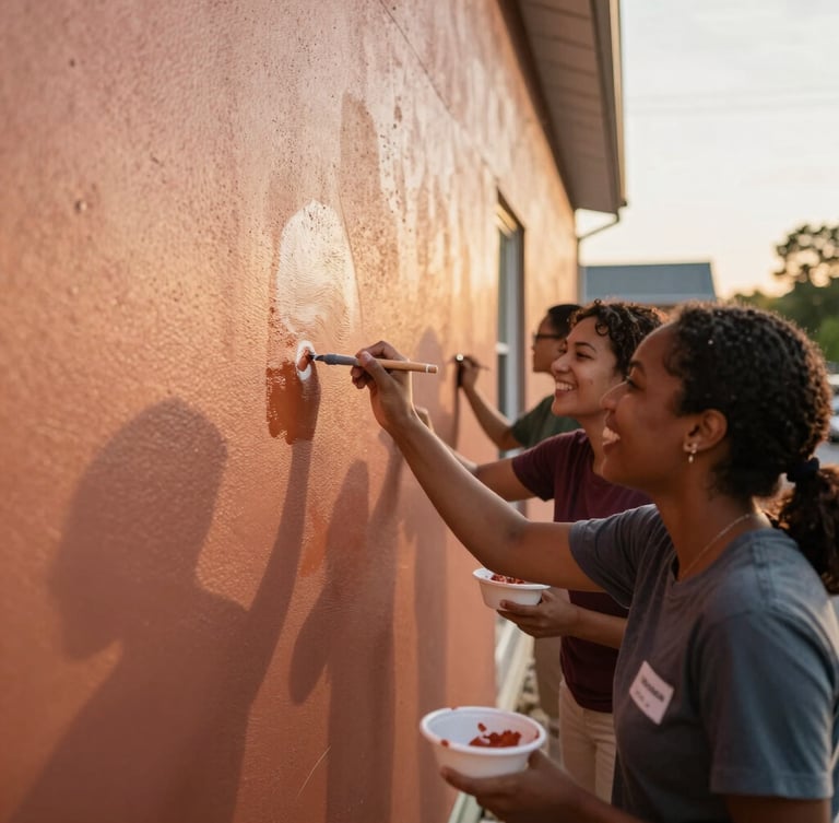 Candid medium shot of three diverse volunteers laughing together while painting a community center wall in Ohio, warm golden-hour daylight, rich terracotta tones, shallow depth of field.