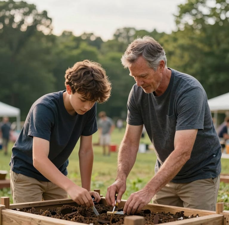 Candid medium shot of a mentor and youth working side-by-side on an outdoor community project in Ohio, soft overcast daylight, rich forest green tones.