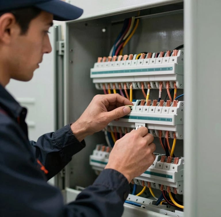 Close-up of a professional electrician in a clean dark uniform wiring a highly organized modern electrical panel, copper wires visible, crisp lighting, shallow depth of field