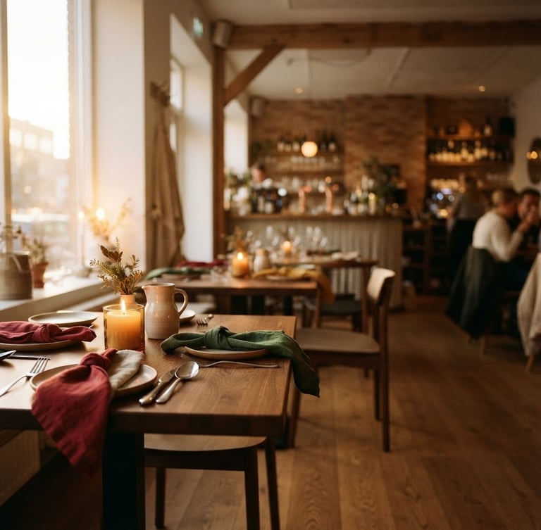 Cozy, Scandinavian-style restaurant interior at golden hour, soft diffused light, empty tables set with linen, warm candles, shallow depth of field, left third of a wide panoramic frame.