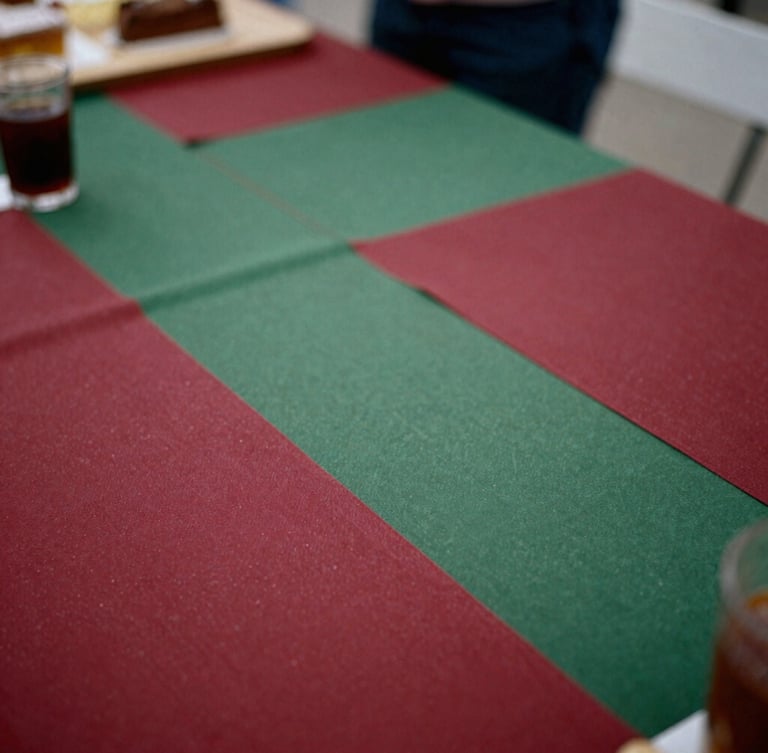 Overhead table spread of a bustling artisanal food market, natural overcast daylight, rich crimson and forest green tones, shallow depth of field, 35mm film look