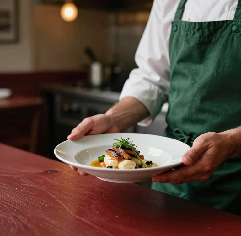 Candid portrait of a chef in a cozy, Scandinavian-style restaurant kitchen, hands holding a beautifully plated dish, soft natural side-light, deep shadows, warm editorial photography, right side of the frame.
