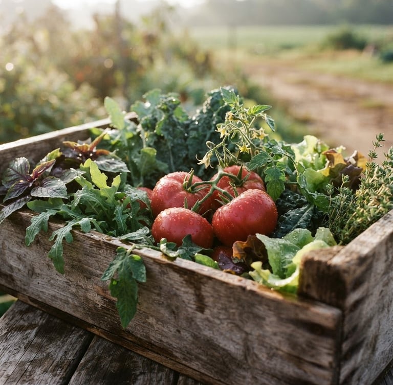 Warm editorial photography, soft natural side-light, close-up of dew-covered morning harvest in a wooden crate, shallow depth of field, 35mm film look