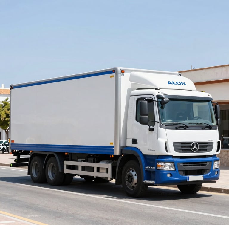 Medium wide shot of a clean blue and white ALON transport truck parked in a bright Alicante street, hydraulic tail lift lowered, natural Spanish daylight, crisp focus