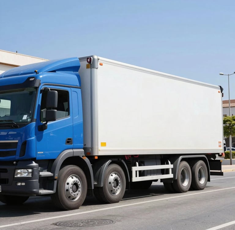 Wide shot of a clean blue and white transport truck with its hydraulic platform lowered on an Alicante street, bright natural Spanish daylight, sharp focus, 35mm lens