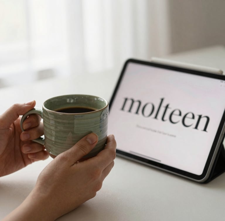 Warm editorial photography of hands holding a handmade ceramic coffee mug next to an open tablet screen showing clean serif typography. Soft morning window light, muted olive tones, shallow depth of field.