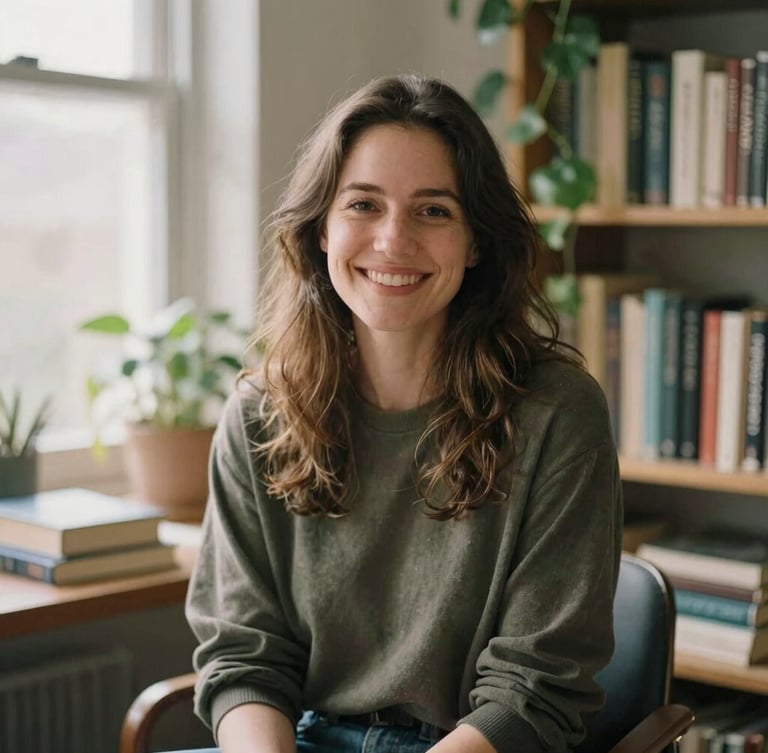 A warm editorial portrait of an indie author smiling in a sun-drenched writing studio, surrounded by books and soft green foliage.