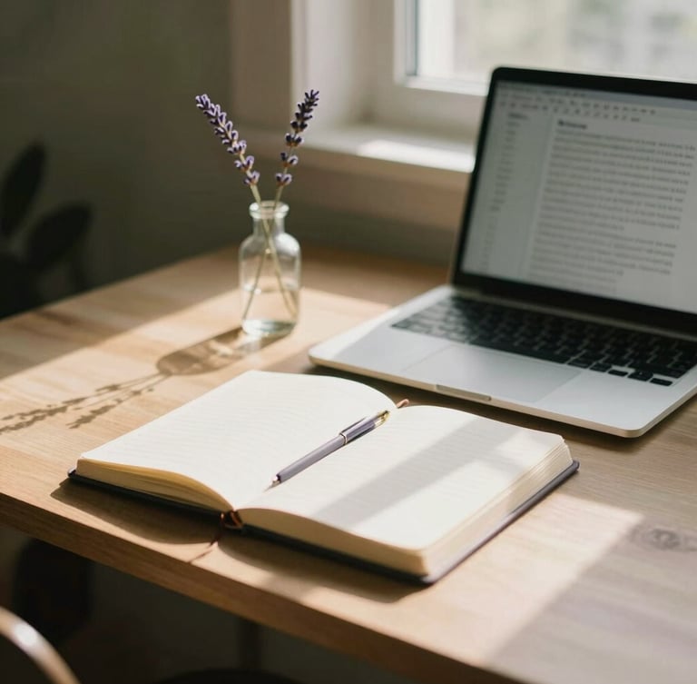 Warm editorial photography of a quiet, sun-drenched writing desk with a notebook, a laptop displaying clean text, and a small lavender sprig in a delicate glass vase. Soft golden hour window shadows, 35mm.