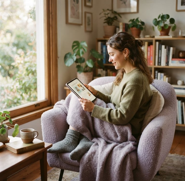 Warm editorial photography of a cozy, sun-drenched room with soft morning window light. A person sits comfortably, reading a serialized story on a tablet. Muted olive and lavender tones, shallow depth of field, 35mm.