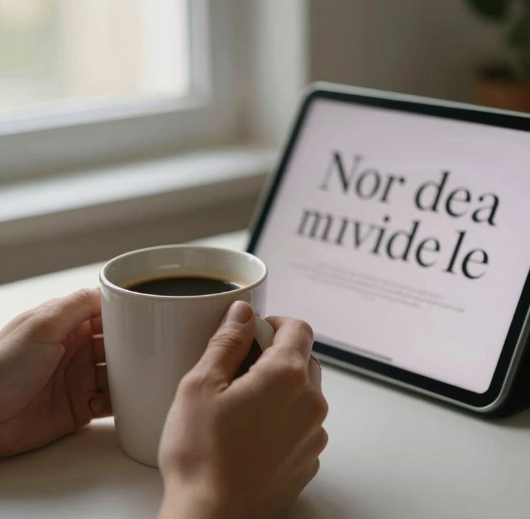 Close-up of hands holding a warm coffee mug next to a tablet showing clean serif typography, soft morning window light, cozy interior