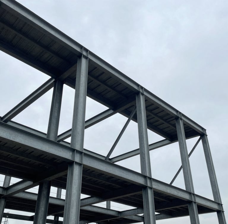 Low-angle heroic architectural photography of a massive pre-engineered steel building skeleton under a high-contrast overcast sky, raw steel columns and rafters framing the sky, sharp focus, industrial scale.