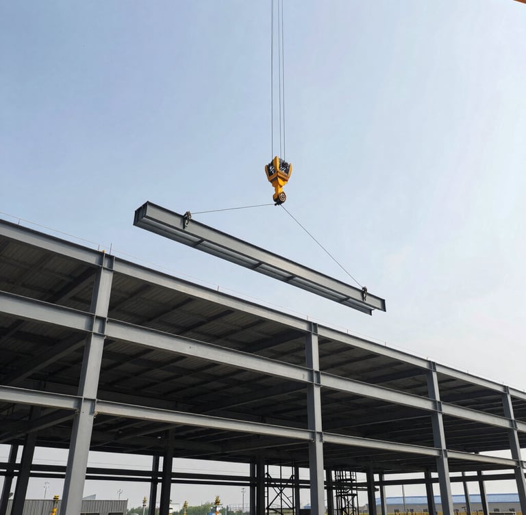 Wide-angle industrial photography of a massive PEB warehouse under construction, crane lifting a steel rafter into place against a crisp daylight sky, structural precision.