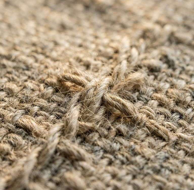 Extreme close-up macro shot of heavy-weight raw linen weave, showing natural flax fibers and organic texture under warm low-angle afternoon sun