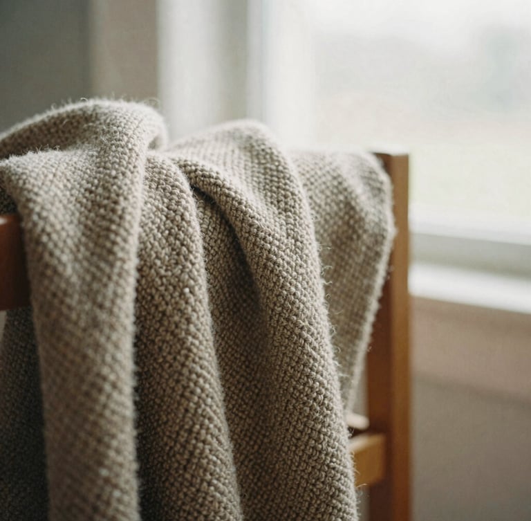 Hand-loomed wool blanket draped over a wooden chair, soft overcast window light highlighting the rich texture of the weave, macro depth of field