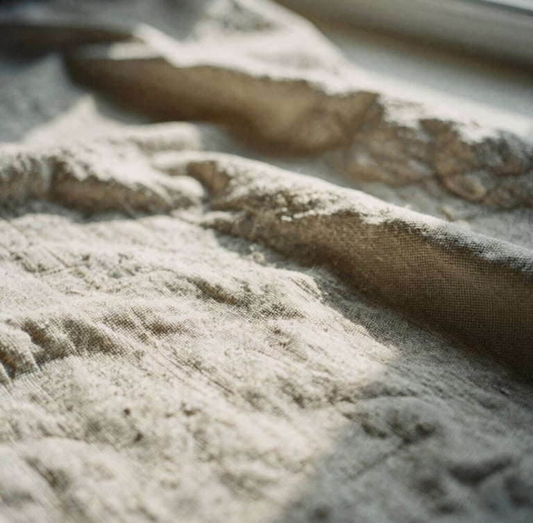 Macro detail of aged raw linen fabric showing soft wrinkles and heavy-weight weave, warm afternoon sun casting soft shadows, 35mm film