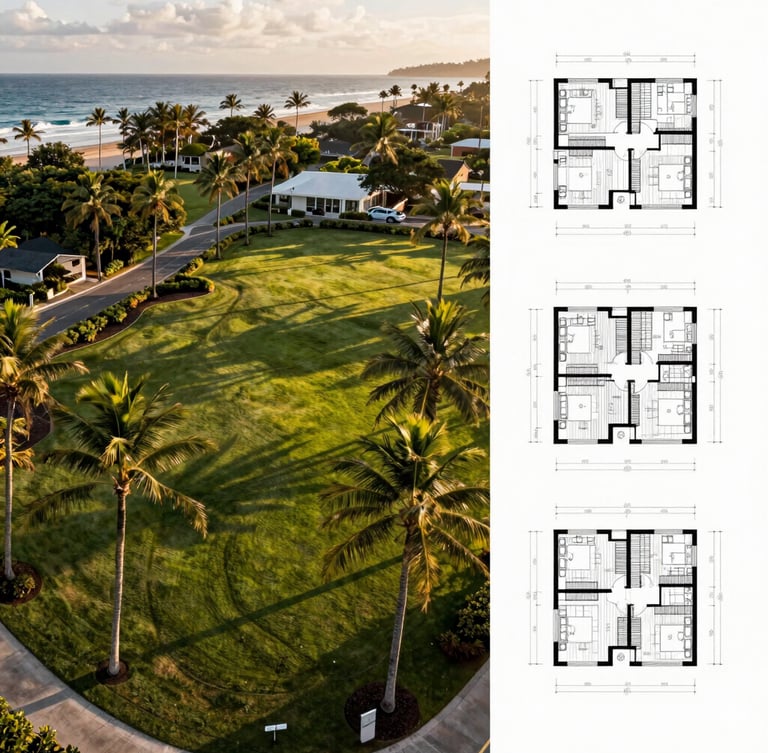 Drone-level wide shot of a pristine coastal parcel lined with palm trees at golden hour, architectural blueprints subtly overlaid on the right third, high-end corporate aesthetic