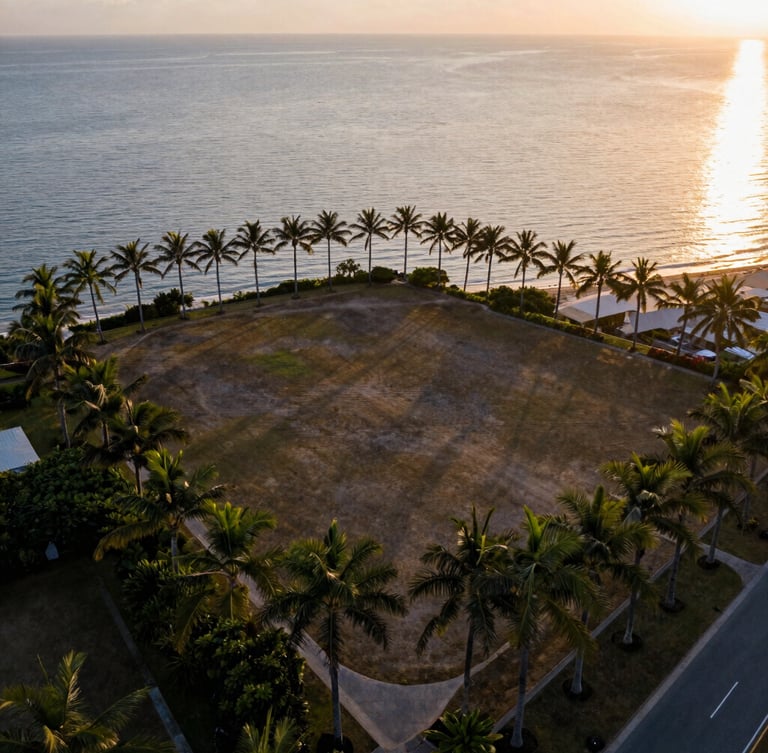 Aerial drone shot of a pristine, palm-lined vacant coastal lot at golden hour, calm sea in the background, warm sunset light reflecting on quiet water