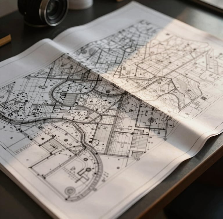 Close-up of detailed architectural blueprints and topographical maps spread across a dark table, warm side-lighting