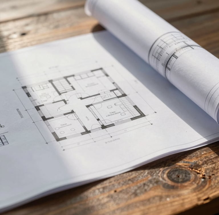 Macro detail of a clean architectural blueprint overlaid on a rustic wooden table, warm sunlight streaming across the page