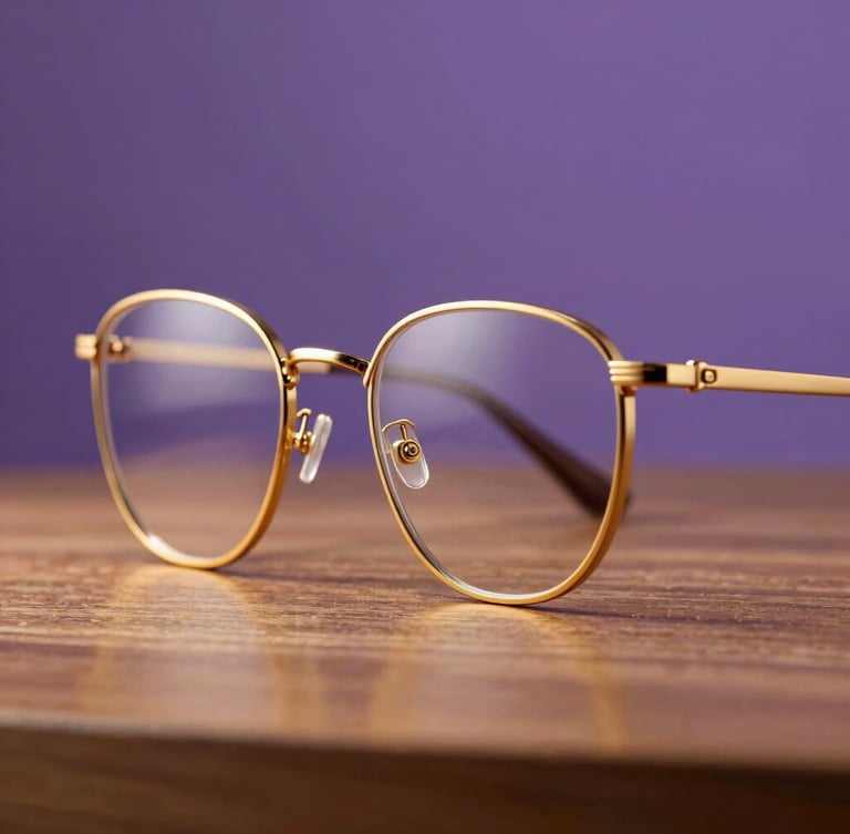 Elegant close-up of premium gold-detailed glasses frame on a warm wooden surface, soft purple background, studio light.