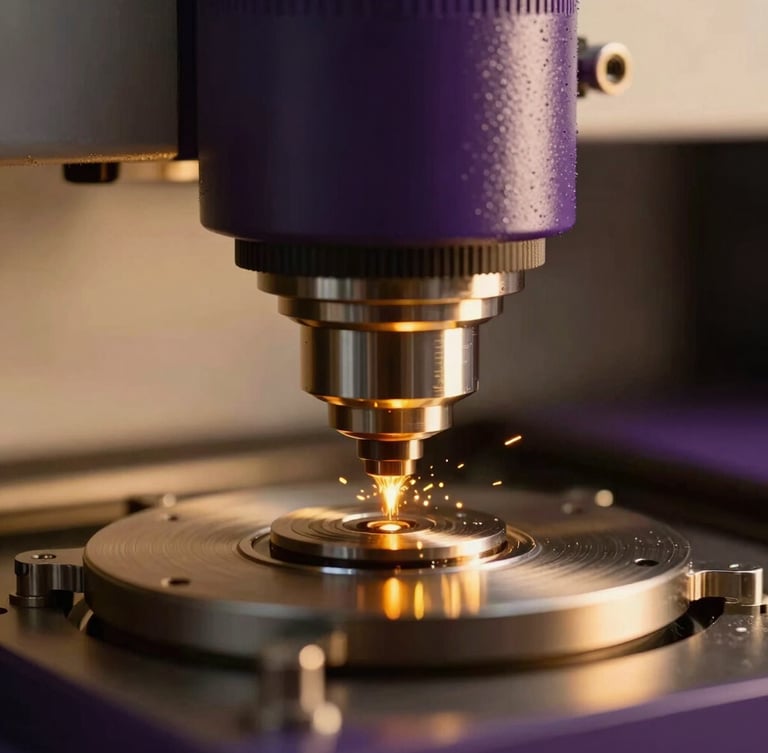 Macro shot of a high-precision optical lens cutting machine in action, subtle golden sparks, warm soft studio lighting, elegant details