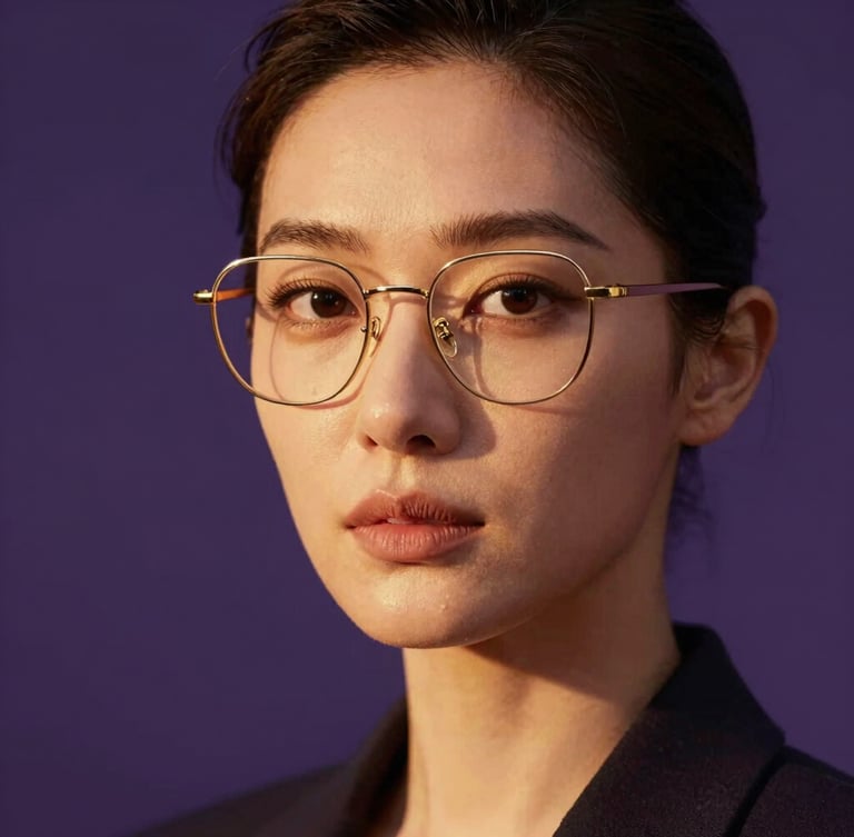Elegant editorial portrait of a woman wearing sophisticated gold-rimmed glasses, warm golden-hour studio light, deep purple background, shallow depth of field, 85mm lens