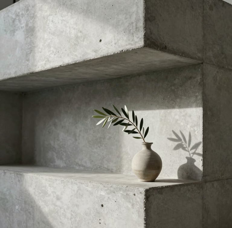 An architectural detail of the Riverton studio, showing clean concrete lines, a single olive branch in a ceramic vase, soft directional light.