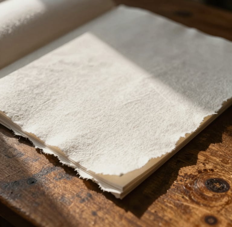 Extreme close-up of heavy-textured handmade cotton paper with deckled edges, resting on an antique oak table, soft directional late-afternoon sunlight casting long shadows across the grain.