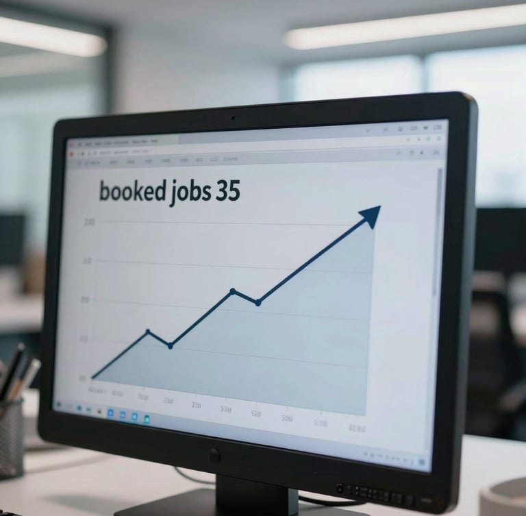 Close-up of a digital dashboard showing a clear upward trend in 'booked jobs' metrics, professional office environment, overcast daylight, sharp focus, 35mm