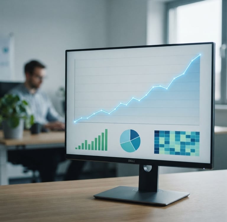 Close-up of a digital marketing dashboard on a monitor, showing an upward trend graph for local SEO, clean office environment, natural overcast daylight, sharp focus, 35mm