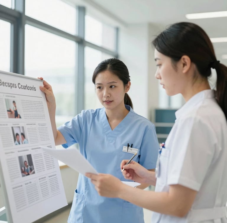 Two nurses collaborating over a medical research poster in a bright, modern lecture hall, natural light, candid environmental portrait