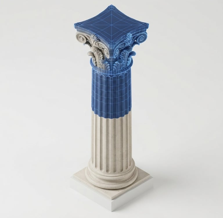 Clean isometric 3D render of a highly detailed architectural column showing transition from solid textured surface to blue CAD wireframe mesh, high-key studio lighting, neutral white background, sharp focus, technical precision, 8k resolution