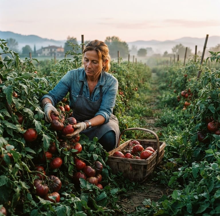 Wide panoramic image of a farmer harvesting heirloom tomatoes at dawn, soft natural light, dew on leaves, deep crimson and forest green tones, shallow depth of field, 35mm.