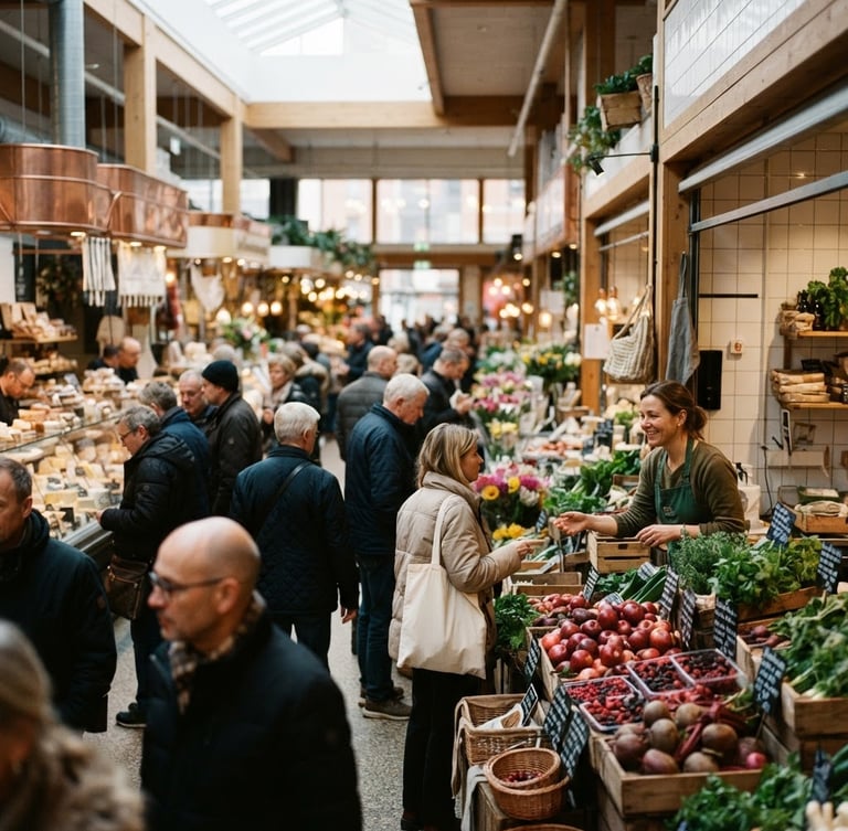 Wide panoramic shot of a bustling, Scandinavian-style food market, soft natural light, diverse produce stalls, people interacting with vendors, shallow depth of field, 35mm