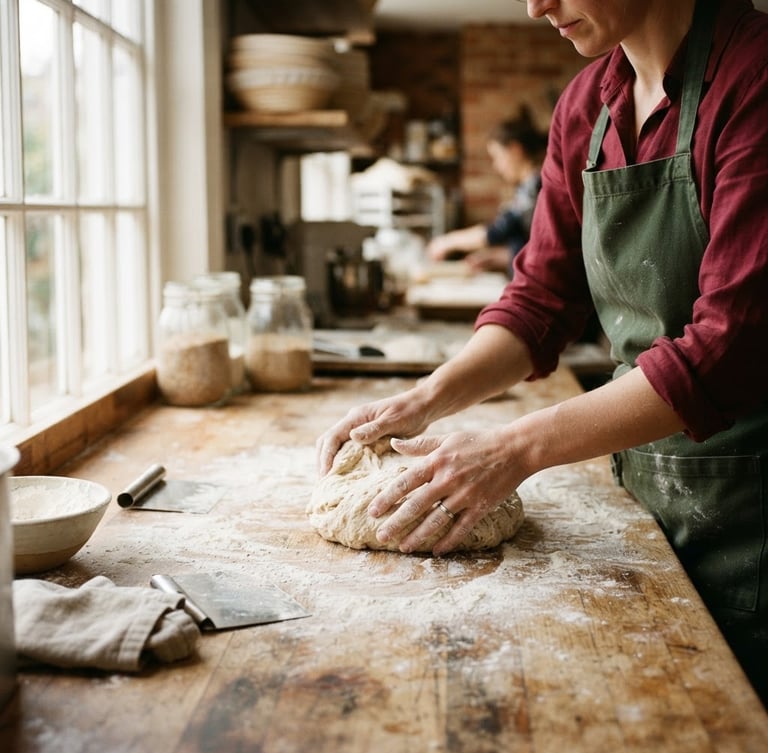 Wide shot of a chef's hands carefully kneading sourdough on a wooden counter, flour dusting the surface, soft natural light from a window, warm editorial photography, deep crimson and forest green tones, shallow depth of field, 35mm