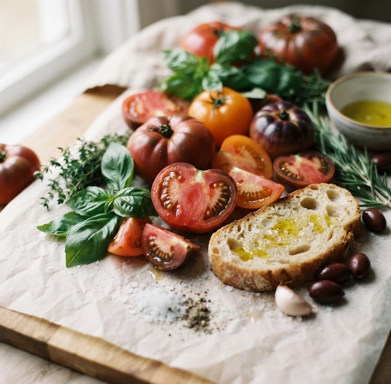 Camera lens focusing on a vibrant arrangement of raw, fresh ingredients (heirloom tomatoes, fresh herbs, artisanal bread) on a crisp parchment background, soft natural window light, deep crimson and forest green tones, shallow depth of field, 35mm.