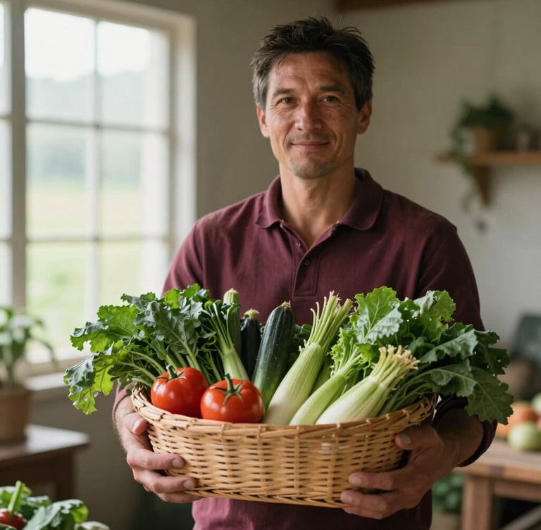 Portrait image of a farmer proudly holding a basket of fresh organic vegetables, soft natural light, rustic farm background, deep crimson and forest green tones, shallow depth of field, 35mm.