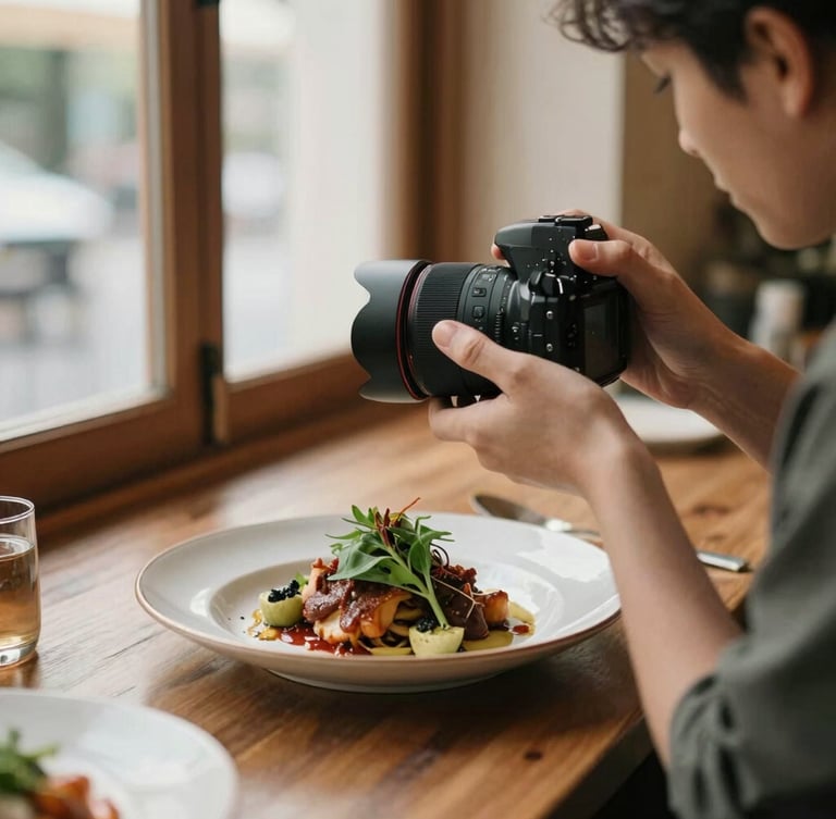 Behind-the-scenes shot of a content creator adjusting a camera lens over a beautifully plated dish in a food hall, soft natural light, warm editorial photography