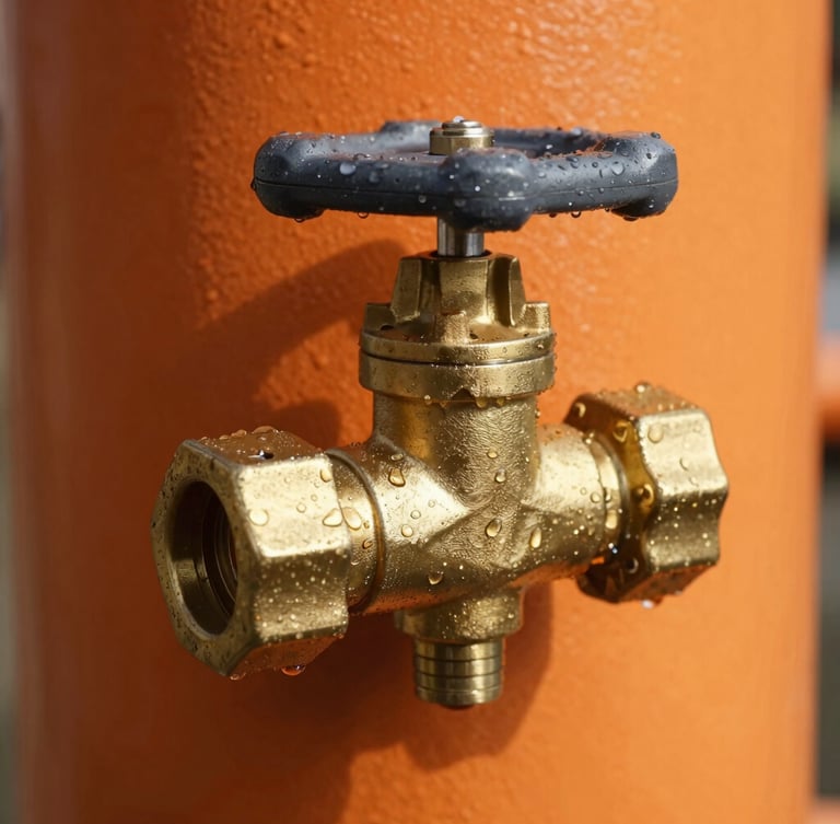 Close-up macro shot of a brass double-check backflow preventer valve assembly, water droplets glistening on the metal, natural daylight with high-contrast orange and charcoal tones, 35mm.