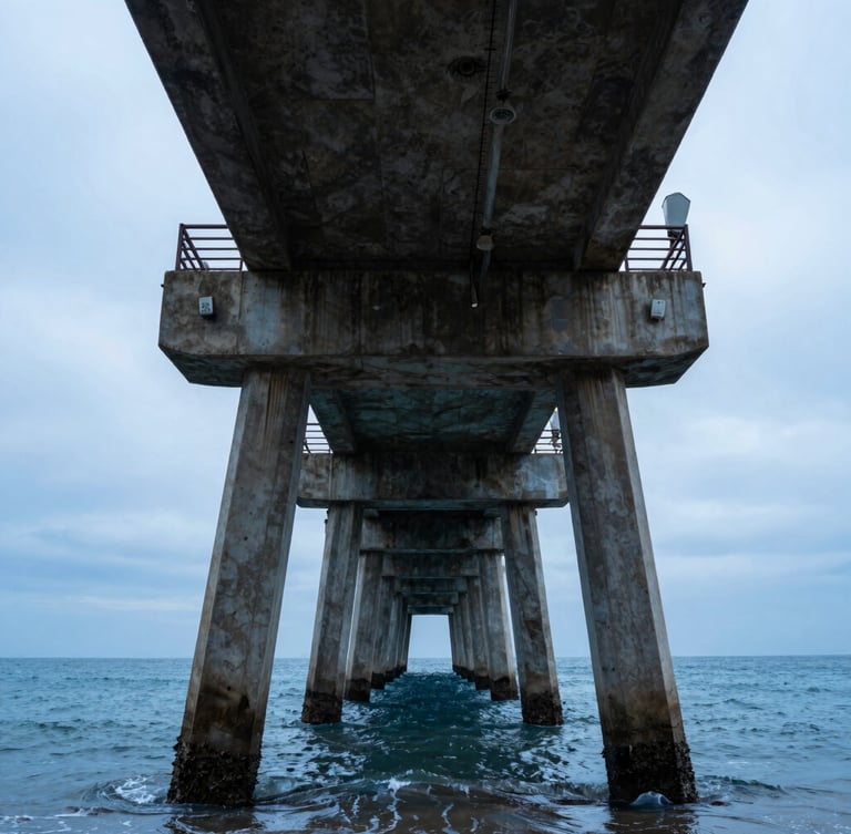 Dramatic low-angle portrait shot of a massive concrete pier structure extending into the sea, showing its robust construction and engineering details, overcast coastal daylight, deep blues and steel grays, high contrast.