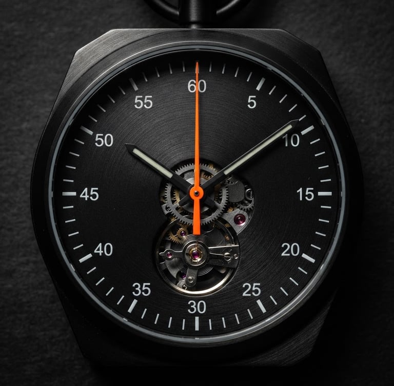 Tight macro shot of a sleek black mechanical stopwatch, sharp directional light casting dramatic shadows, a single bright electric orange second hand pointing to the top, dark charcoal background, 50mm