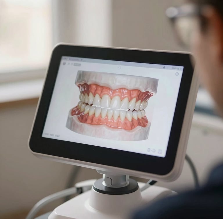 Close-up of a sleek modern intraoral scanner screen displaying a pristine 3D dental model, warm editorial lighting, shallow depth of field