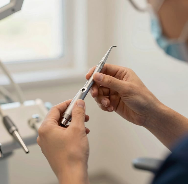 Close-up of a specialist's hands gently adjusting a high-end dental instrument, soft warm lighting, elegant clinic interior