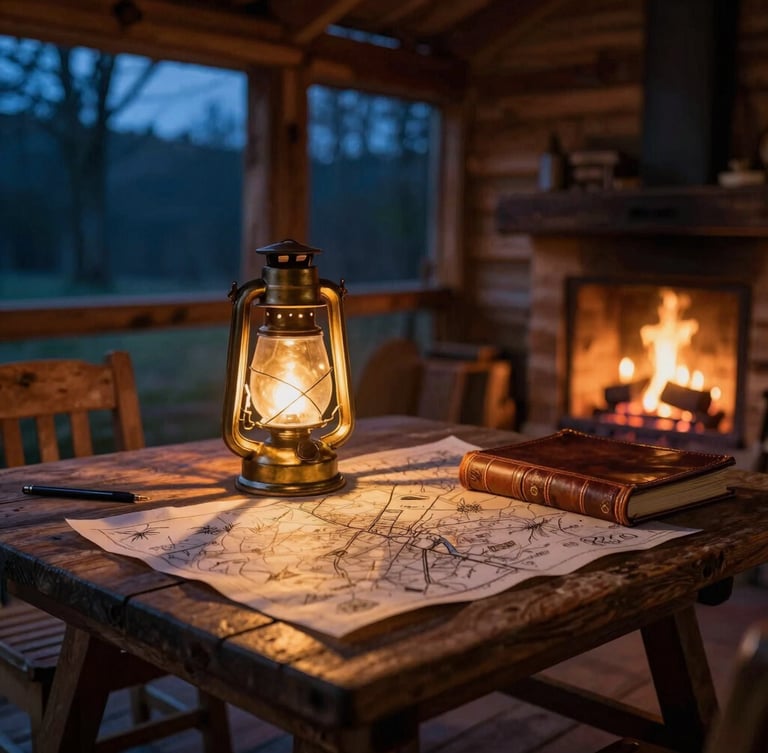 Cozy wooden cabin interior at twilight, a rustic table covered with hand-drawn maps, a glowing golden lantern, and leather-bound journals, soft hearth firelight casting warm shadows.