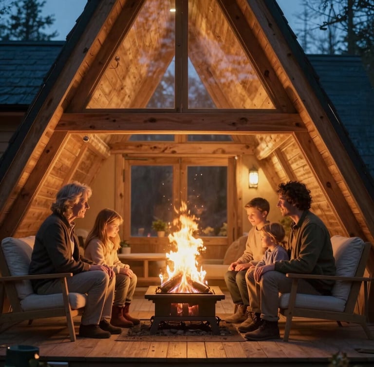 Cinematic portrait of the Claus family inside a modern glowing wooden cabin, warm hearth firelight, soft golden tones, cozy and premium atmosphere, anamorphic lens