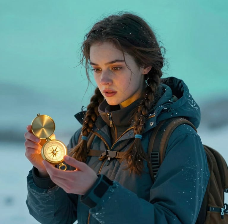 Cinematic portrait of a young female explorer with braided hair in high-altitude winter gear, holding a glowing golden compass, soft bioluminescent teal background, anamorphic lens