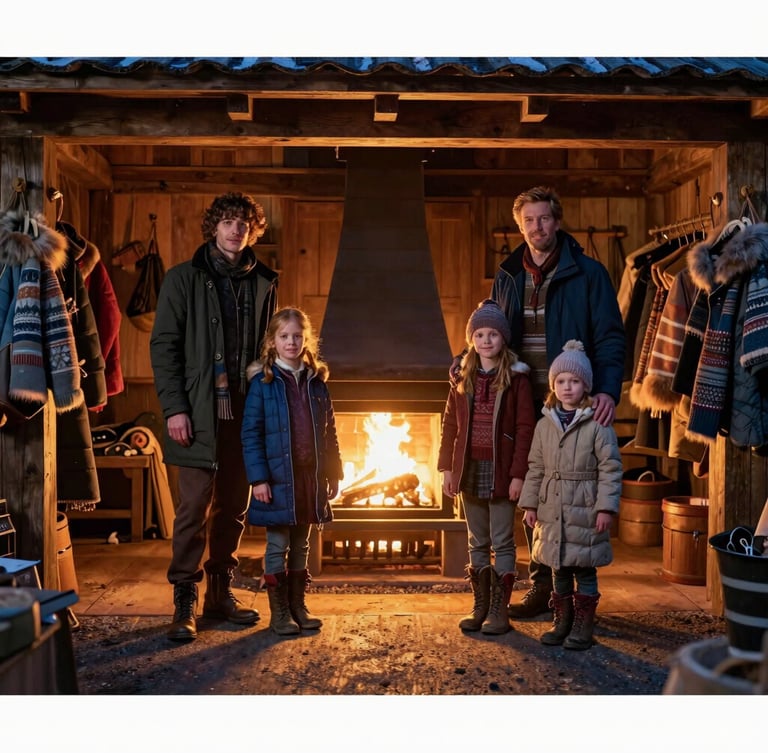 Cinematic wide portrait of the Claus family standing inside a cozy timber workshop, warm golden hearth light casting soft glows on elegant winter gear, anamorphic lens.