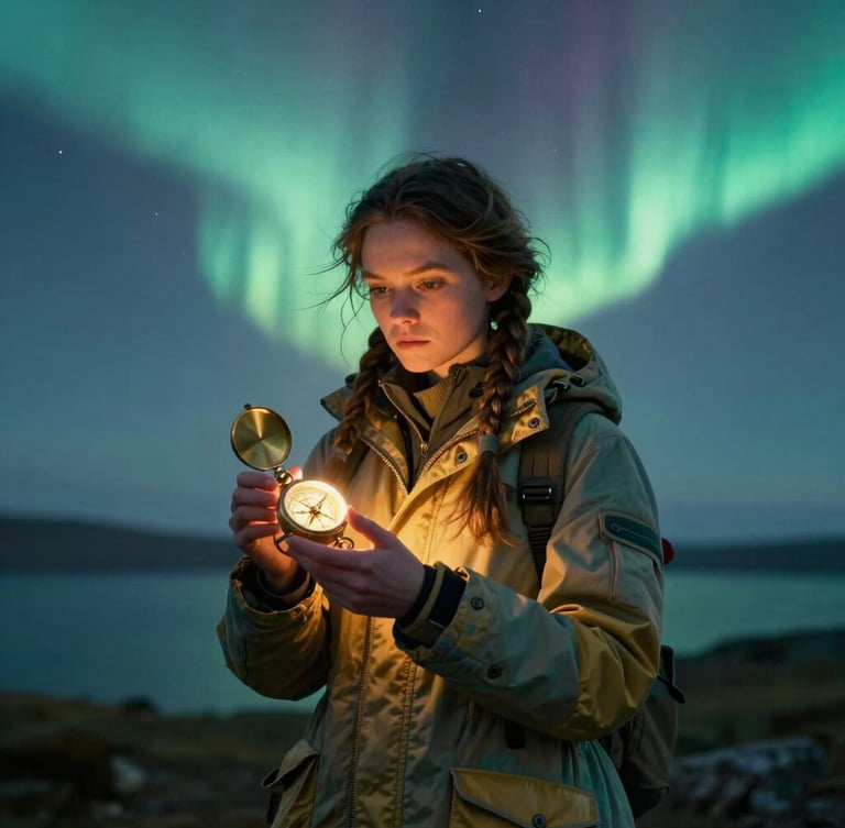 Cinematic wide portrait of a young female explorer with braided hair in a tailored teal and gold winter parka, holding a glowing brass compass, soft aurora borealis glowing in the background, anamorphic lens.